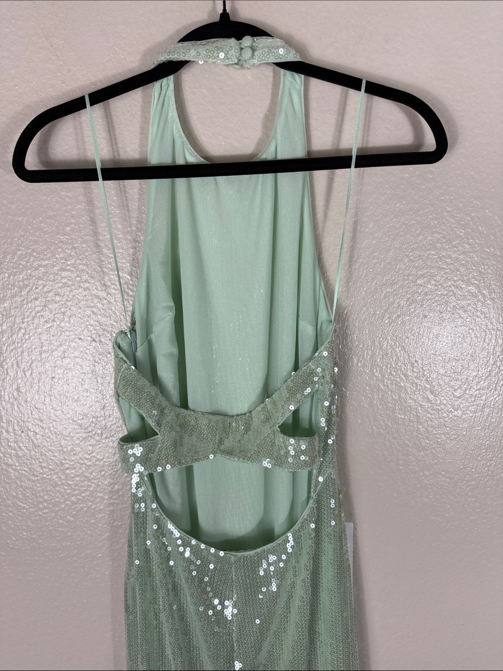 Reformation Elowyn Sequin Halter Open Back Slit Maxi Dress Gown Icy Seafoam - Picture 7 of 13